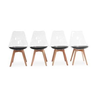 Lot de 4 chaises scandinaves - Lagertha - pieds bois. fauteuils 1 place. coussin noir. coque transparente - 3760350651372 - 3760350651372