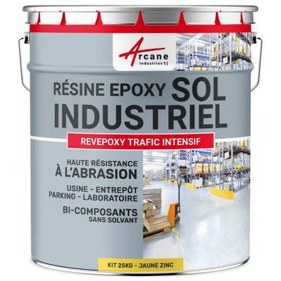 PEINTURE SOL - Résine Epoxy : REVEPOXY TRAFIC INTENSIF-25 kg (jusqu'à 50 m² en 2 couches) Jaune Zinc - RAL 1018 - 55_24757 - 3700043491854