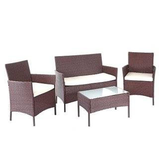 Salon de jardin avec fauteuils banc et table en poly-rotin marron et coussin crème MDJ04146