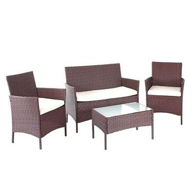 Salon de jardin avec fauteuils banc et table en poly-rotin marron et coussin crème MDJ04146 - MDJ04146 - 3000425020512