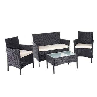 Salon de jardin avec fauteuils banc et table en poly-rotin noir et coussin crème MDJ04145