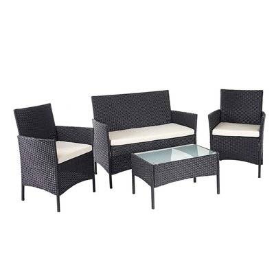 Salon de jardin avec fauteuils banc et table en poly-rotin noir et coussin crème MDJ04145 - MDJ04145 - 3000424985553