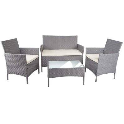 Salon de jardin avec fauteuils banc et table en poly-rotin gris et coussin crème MDJ04148 - MDJ04148 - 3000042528088