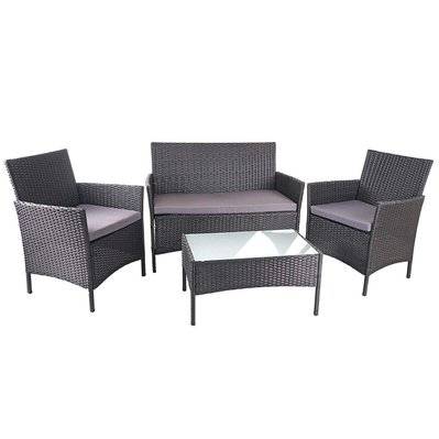 Salon de jardin avec fauteuils banc et table en poly-rotin noir et coussin anthracite MDJ04149 - MDJ04149 - 3000425334299