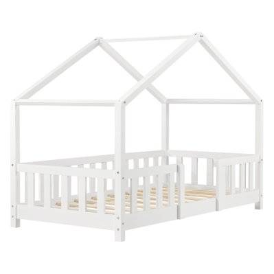 Lit cabane pour enfant forme maison barrière de protection en bois de pin blanc 80 x 160 cm 03_0005463 - 03_0005463 - 3000649799782