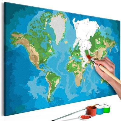 Tableau à peindre soi-même peinture par numéros motif Carte du monde (bleu-vert) 60x40 cm TPN110031 - TPN110031 - 3001509669603