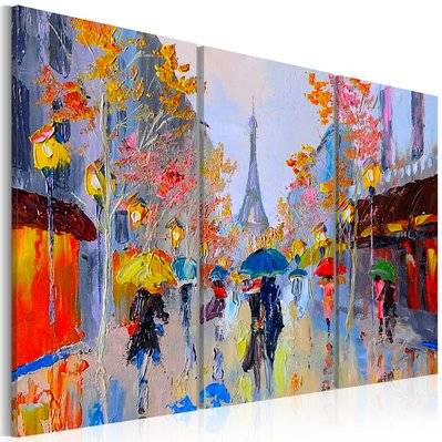 Tableau sur toile en 3 panneaux décoration murale image imprimée cadre en bois à suspendre Paris pluvieux 120x80 cm 11_0007215 - 11_0007215 - 3000247121381