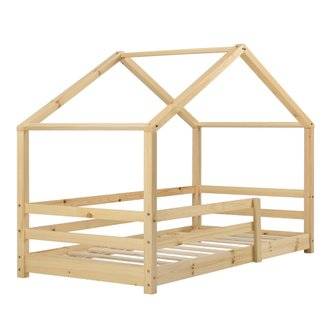 Lit cabane pour enfant forme de maison avec barrière de sécurité en bois de pin couleur naturel 90 x 200 cm 03_0005528