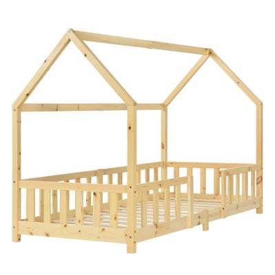 Lit pour enfant forme maison cabane avec barrière protection en bois de pin contreplaqué 90x200 cm naturel 03_0005485 - 03_0005485 - 3000652499785