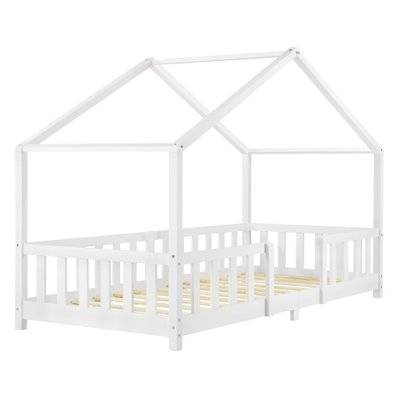 Lit d'enfant design en forme maison avec barrière sécurité construction solide bois de pin contreplaqué blanc 90x200 cm 03_0005 - 03_0005465 - 3000650099789