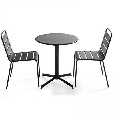 Ensemble table de jardin ronde et 2 chaises métal gris 70 x 72 cm - 106887 - 3663095044839