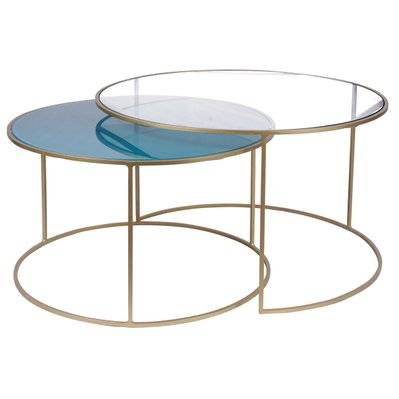 Tables basses gigognes rondes design métal doré et verre teinté bleu pétrole (lot de 2) ROXO - - 50414 - 3662275126556