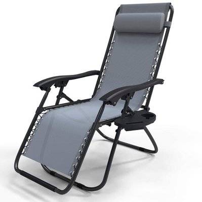 VOUNOT Chaise longue inclinable en textilene avec porte gobelet et portable gris - 4482078277655 - 8431252021390