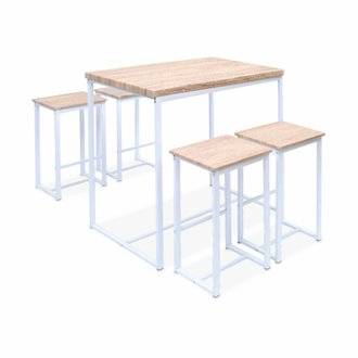 Set table haute rectangulaire LOFT avec 4 tabourets de bar. acier et décor bois. encastrable. design