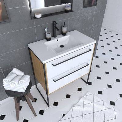 Ensemble Meuble de salle de bain blanc 80cm + vasque en résine blanche 80x50 + tiroirs blanc mat - PACM076 - 3700710256526