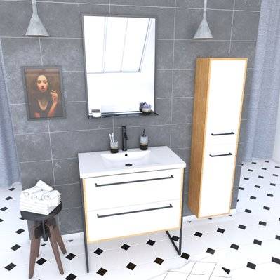 Ensemble de salle de bain 80cm + vasque blanche 80x50 + tiroir blanc mat + miroir + colonne - PACM080 - 3700710256564