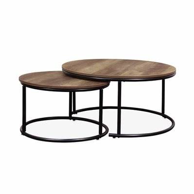 Lot de 2 tables gigognes rondes métal noir. décor bois - Loft - encastrables. 1x Ø77 x H 40cm / x1 Ø57 x H 35cm - 3760350651488 - 3760350651488