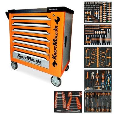 Kraft Muller KM-7-6-560PCS Servante d'atelier 255 outils inclus - 7 tiroirs & 1 porte - Type chariot avec roulette - Orange - JM-AG-KM-7-6-560PCS-ORANGE-DYNA - 3701123999871