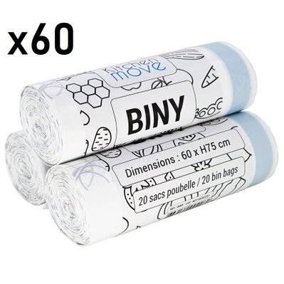 Lot de 60 sacs poubelles BINY Blanc HDPE 50L - 3xBINY - 3666162004675