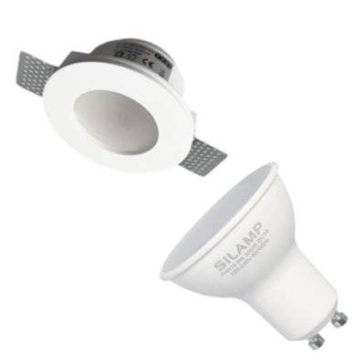 Kit Support Spot GU10 LED Rond Blanc Ø120mm + vitre opaque avec Ampoule LED 6W - Blanc Neutre 4000K - 5500K - SILAMP - K-Fi-GES13-GU10_CW - 0712221371547