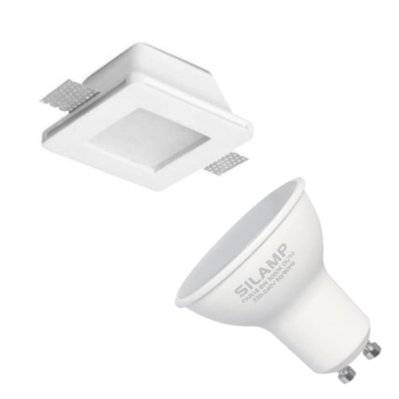 Kit Support Spot GU10 LED Carré Blanc Ø120mm + vitre opaque avec Ampoule LED 6W - Blanc Neutre 4000K - 5500K - SILAMP - K-Fi-GES15-GU10_CW - 0712221371486