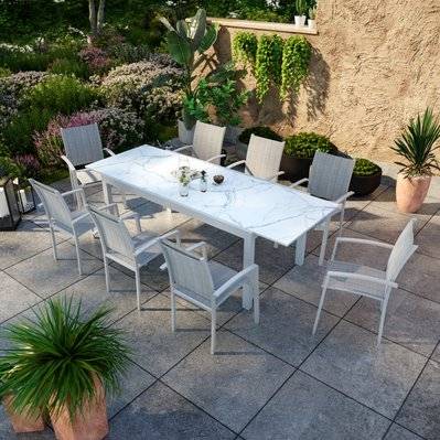 Table de jardin extensible aluminium blanc effet marbre 180/240cm + 8 fauteuils empilables textilène - ANIA - LA-T004-8CH008MBR - 3664380005290