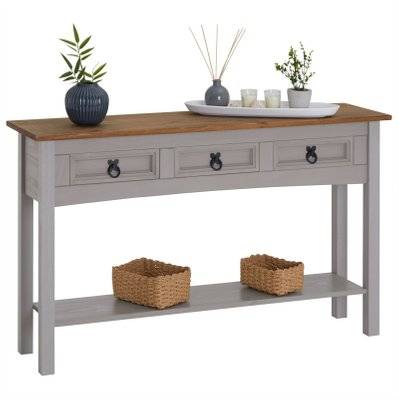Table console RAMON avec 3 tiroirs, style mexicain en pin massif gris et brun - 94720 - 4016787947205