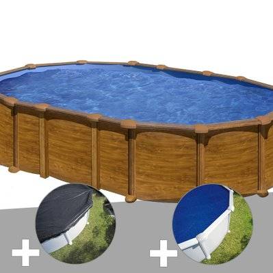 Kit piscine acier aspect bois Gré Amazonia ovale 6,34 x 3,99 x 1,32 m + Bâche d'hivernage + Bâche à bulles - 29809 - 3665872010389