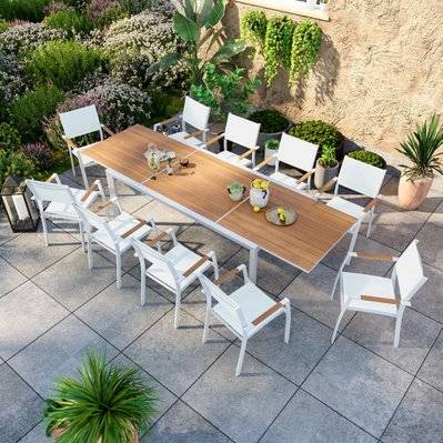 Table de jardin extensible aluminium blanche 200/300cm + 10 fauteuils empilables textilène - MARCEAU - LA-T2003001-10CH001B - 3664380005283