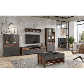 Ensemble 5 meubles de salon collection WINDSOR. Coloris gris anthracite et chêne foncé.