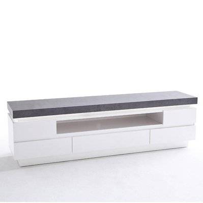 Meuble TV design ATLANTIC CITY laqué blanc mat et imitation béton 5 tiroirs LED inclus - 20100878448 - 3663556329772