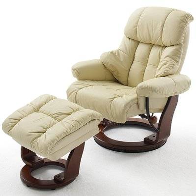 Fauteuil relax CLAIRAC assise en cuir crème pied en bois noyer avec repose pied - 20100992188 - 3663556430331