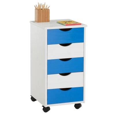Caisson de bureau sur roulettes LAGOS, avec 5 tiroirs lasuré blanc et bleu - 2117 - 4016787021172