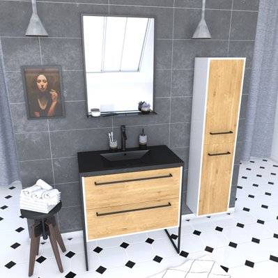Ensemble de salle de bain 80 cm chêne naturel + vasque noir + miroir LED + colonne de rangement - PACM042 - 3700710251064