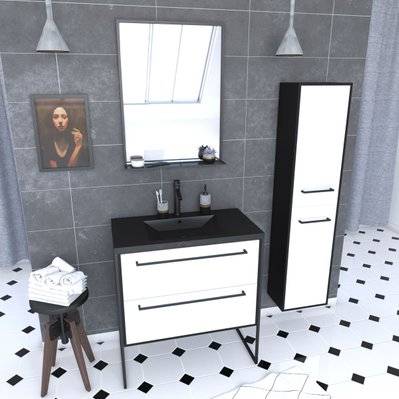 Pack meuble de salle de bain 80x50 cm - 2 tiroirs blanc - vasque noir - miroir - colonne suspendu - PACM053 - 3700710252306