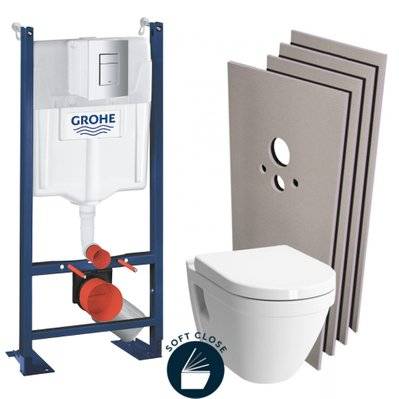 Grohe Pack WC Bâti Autoportant Rapid SL + WC suspendu Vitra S50 + Abattant softclose + Plaque chrome mat + Set habillage - 0633710859516 - 0633710859516