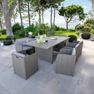 8 Places - Ensemble encastrable salon table de jardin aluminium et acier, housse de protection- Gris- CABOURG
