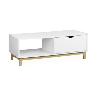 Table basse scandinave blanche - Floki - avec 1 tiroir. pieds en bois de sapin. 110x50x40cm - 3760350651693 - 3760350651693