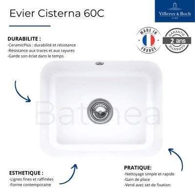 Evier 1 bac VILLEROY ET BOCH Cisterna 60C Blanc CeramicPlus avec vidage manuel - 670601R1 - 4022693669117