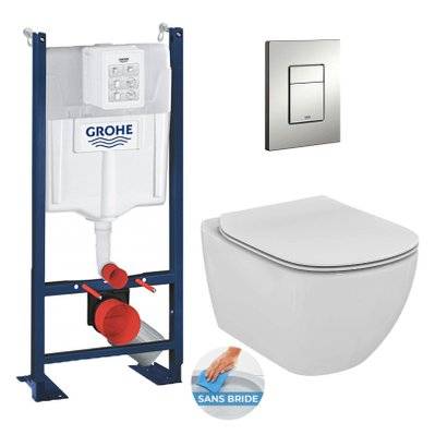 Grohe Pack WC Bâti Autoportant Rapid SL + WC sans bride Tesi + Abattant softclose + Plaque chrome (ProjectTesi-5) - 0633710859479 - 0633710859479