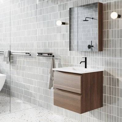 Meuble salle de bain design simple vasque MESSINA largeur 60 cm noyer - MES-BA-WALNUT-60/BASIN-3001-STAR-60 - 3760341611705