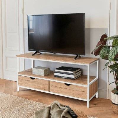 Meuble TV en décor bois et métal blanc mat 120x39x57cm - Loft - avec 2 tiroirs - 3760350652218 - 3760350652218