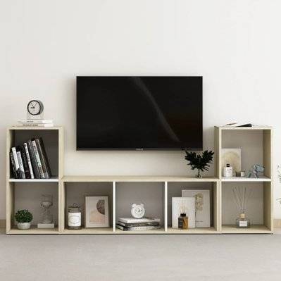 vidaXL Ensemble de meubles TV 3 pcs Blanc et chêne sonoma Aggloméré - 3080020 - 8720286593233