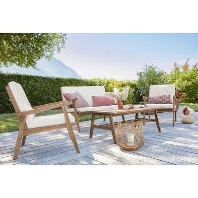 Salon de jardin en bois massif avec coussins déhoussables beige naturel TIAGA - L112xP70xH77 - 50942 - 3662275128406