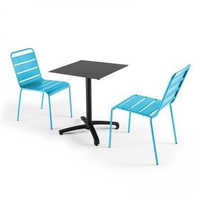 Ensemble table de jardin stratifié noir et 2 chaises bleu 60 x 60 x 72 cm - 108170 - 3663095116437