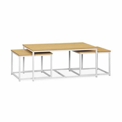 Lot de 3 tables gigognes métal blanc mat. décor bois - Loft - encastrables. 1x100x60x45cm / 2x50x50x38cm - 3760350652232 - 3760350652232
