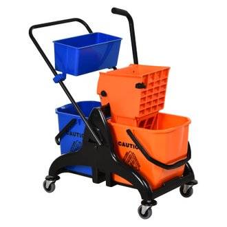 Chariot de nettoyage professionnel presse à mâchoire 2 seaux + rangement orange bleu