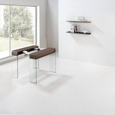 Table console extensible 45 à 225 cm STEF 8 couverts piétement verre clair plateau noyer - 20100853430 - 3663556174631