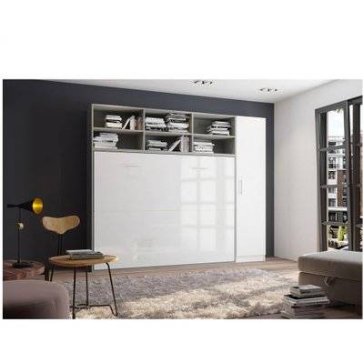 Composition armoire lit horizontale STRADA-V2 gris / blanc mat façade armoire-lit blanc brillant 1 colonne 140*200 cm - 20100889559 - 3663556362816