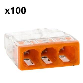 Lot de 100 bornes S2273 - Connexion rapide - 3 conducteurs - fils rigides 2.5mm² - Orange - Wago
